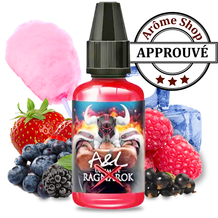 Saveurs dominantes : Fruits rouges, fraise, framboise, mûre, myrtille, barbe à papa et glaçons. C'est la pause fruitée avec le RAGNAROK X, pour une excursion alliant fruits et gourmandise, avec un mélange de fruits rouges puis une barbe à papa bien gourmande le tous sur une base fraîche. Proposé en flacon de 30 ml.  Fabriqué en France par A&L.