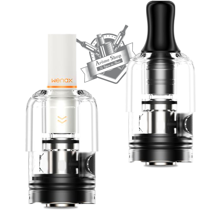 La cartouche WENAX S de chez GEEKVAPE offre une contenance de 2 ml.  L’air-flow du kit se trouve sur la partie du milieu de la  batterie, juste au-dessus du bouton (FIRE) vous permettant d’avoir un tirage plus ou moins serré.  La résistance fait partie de du pod jetable en 0.8 ohm. Le contenu de la boite :  2 Cartouches 2 Drip-tip 6 Filtres