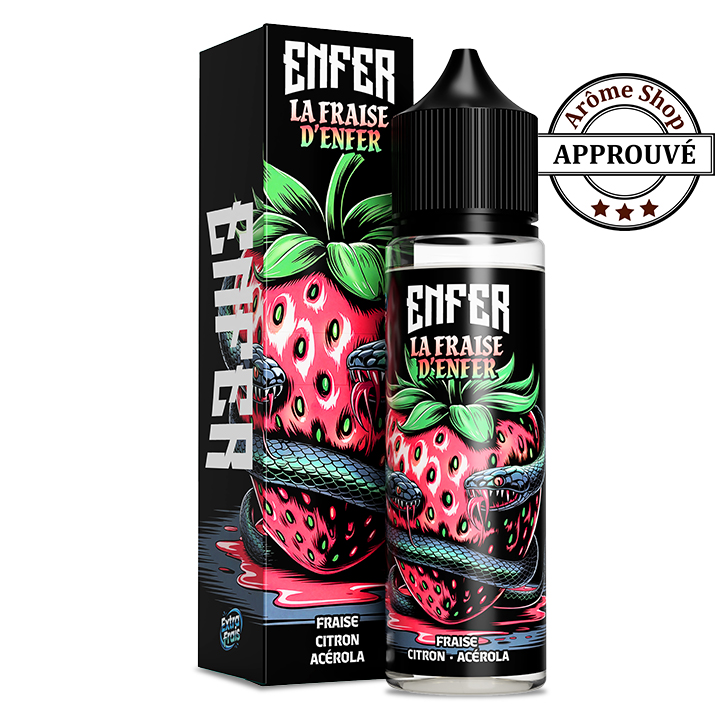 Vape juice bottle and box with a bright pink strawberry and green leaves, labeled ENFER La Fraise d'Enfer, plus an APPROUVÉ seal. FRAISE D'ENFER 50 ML ENFER By VAPE 47 E.LIQUIDE 💨