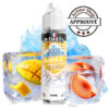 Bottle of e-tasty Extra Frais Bankiz Peiko vape juice (50ml) with mango and peach imagery, surrounded by ice cubes and fruit; 'Arôme Shop - APPRUVE' stamp visible in top right. PEIKO EXTRA FRAIS BANKIZ BY E.TASTY E-LIQUIDE 💨