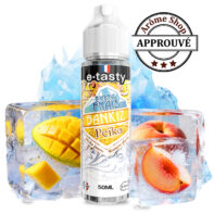 Bottle of e-tasty Extra Frais Bankiz Peiko vape juice (50ml) with mango and peach imagery, surrounded by ice cubes and fruit; 'Arôme Shop - APPRUVE' stamp visible in top right. PEIKO EXTRA FRAIS BANKIZ BY E.TASTY E-LIQUIDE 💨