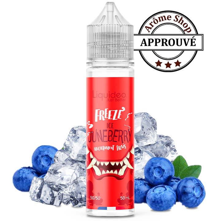 Liquideo Freeze Ice Junberry e-liquid bottle surrounded by blueberries and ice, with an APPROUVÉ stamp in the corner.