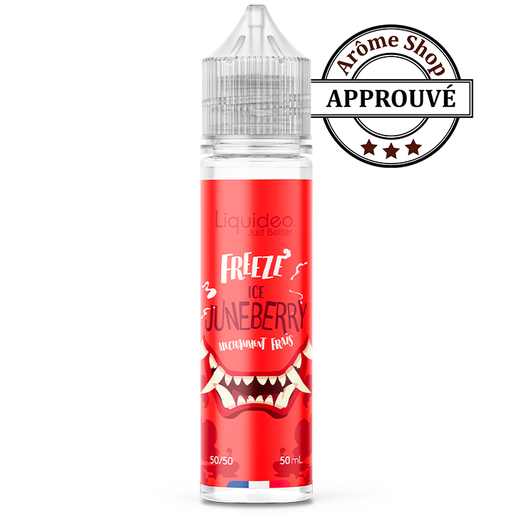 Red vape juice bottle with 'Freeze Ice Juneberry' branding and a cartoon monster graphic, plus an 'Arome Shop Approved' seal. 🫐 FREEZE ICE JUNEBERRY – 50 ML ❄️✨ Saveurs dominantes : 🫐 amélanche et glaçons 🧊. Découvrez FREEZE ICE JUNEBERRY, un e-liquide 50 ml de la collection FREEZE by par LIQUIDEO.qui associe fraîcheur intense et richesse aromatique pour une vape fruitée pleine de caractère. Cette recette originale marie la douceur sucrée de la myrtille à la gourmandise délicate de l’amélanche, relevée par des notes légèrement acidulées de prune. L’ensemble offre un équilibre harmonieux entre fruits rouges, saveur gourmande et fraîcheur glacée. 👉 Une vape fraîche, fruitée, gourmande et originale qui séduira les amateurs de sensations glacées et d’arômes raffinés ! ❄️🫐🌰 🔹PG/VG 50/50 – équilibre parfait entre vapeur et intensité aromatique 🔹 Contenance : 50 ml. 🔹 Gamme : Fruité frais. 🔹 Origine : Fabriqué en France 🇫🇷 par LIQUIDEO. 