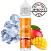 Bottle of Liquideo Freez Ice Mangue e-liquid with ice cubes and a cut mango; Aroma Shop approved stamp in the background FREEZE ICE MANGUE LIQUIDEO E.LIQUIDE FRAIS 💨