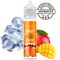 Bottle of Liquideo Freez Ice Mangue e-liquid with ice cubes and a cut mango; Aroma Shop approved stamp in the background FREEZE ICE MANGUE LIQUIDEO E.LIQUIDE FRAIS 💨