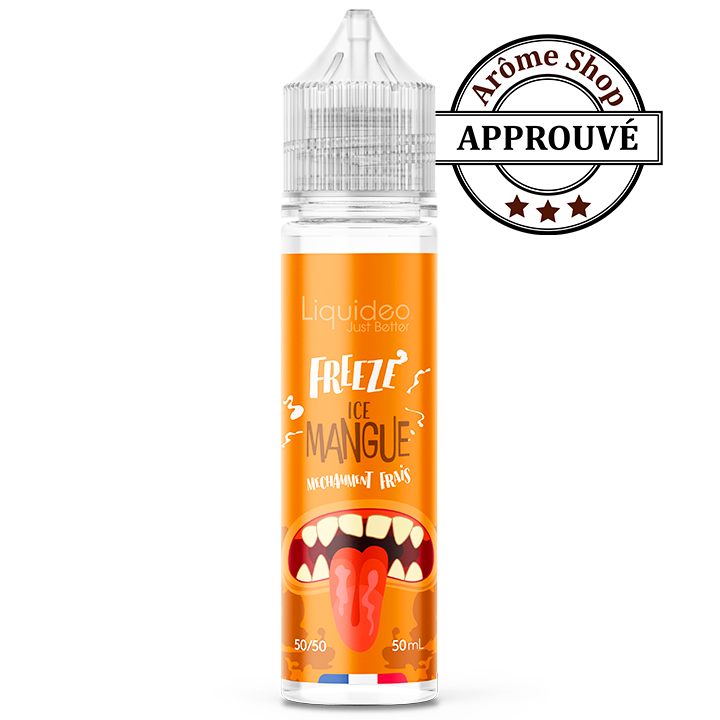 Orange vaping eliquid bottle labeled 'Freeze Mango' by Liquideo, with a gobbling-mouth graphic on the label and an 'Arome Shop APROUVÉ' seal nearby. FREEZE ICE MANGUE LIQUIDEO E.LIQUIDE FRAIS 💨