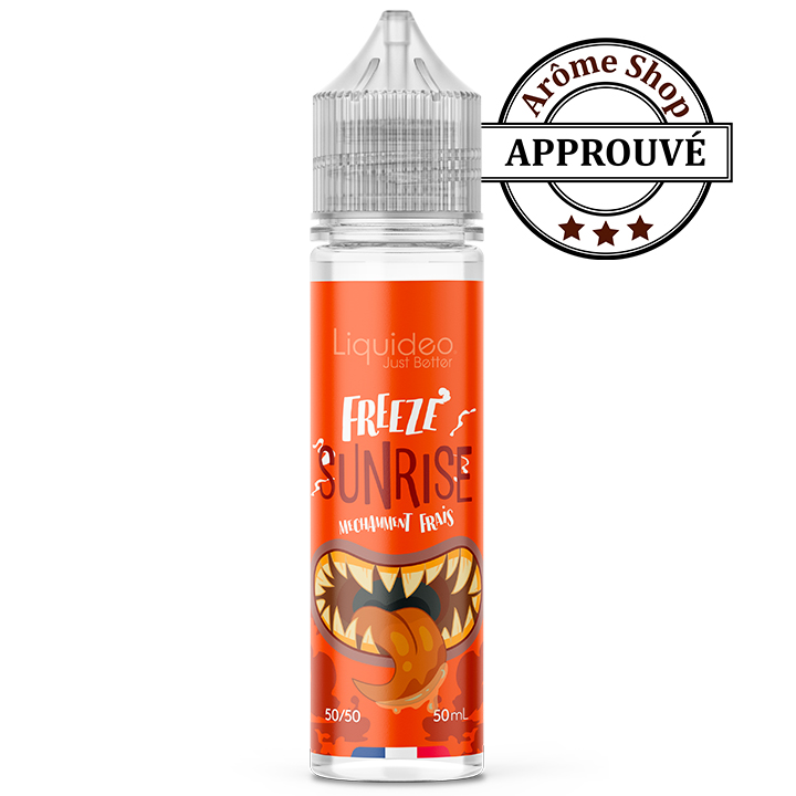 Vape juice bottle labeled 'Freeze Sunrise' by Liquideo, orange artwork with a cartoon mouth, and an APROUVÉ approval stamp nearby. 🍓 FREEZE SUNRISE 🍊❄️ Saveurs dominantes : 🍊 Orange juteuse – ❄️ Fraîcheur glacée . Succombez à la tentation d’une aube fruitée et glacée avec FREEZE SUNRISE, un e-liquide 50 ml de la collection FREEZE by LIQUIDEO qui associe des fruits gorgés de soleil à une fraîcheur intense et revigorante. 👉 Une vape fraîche, fruitée, acidulée et ensoleillée qui transforme chaque bouffée en véritable lever de soleil tropical ! 🌅🍓🍊❄️ 🔹PG/VG 50/50 – équilibre parfait entre vapeur et intensité aromatique 🔹 Contenance : 50 ml. 🔹 Gamme : Fruité. 🔹 Origine : Fabriqué en France 🇫🇷 par LIQUIDEO. 