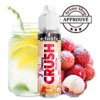 e-tasty Crush 50ml vape juice bottle with lemon drink and frozen raspberries in the background, APROUVÉ seal visible. FELICITA FREEZY CRUSH BY E-TASTY E-LIQUIDE FRAIS 💨