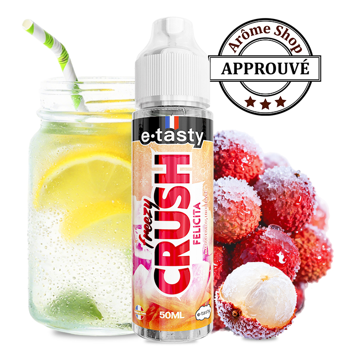 e-tasty Crush 50ml vape juice bottle with lemon drink and frozen raspberries in the background, APROUVÉ seal visible. FELICITA FREEZY CRUSH BY E-TASTY E-LIQUIDE FRAIS 💨