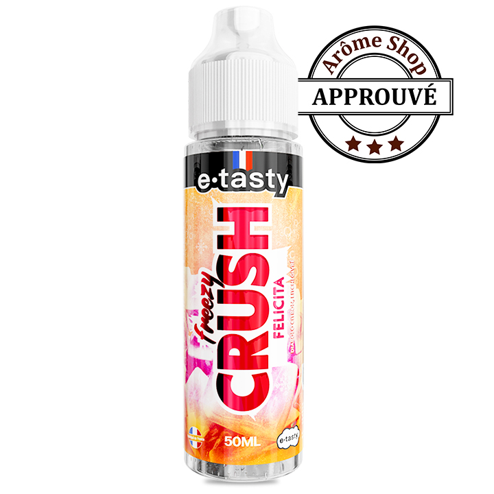 50 ml bottle of fruity-flavored vape juice by e-tasty, with an approved stamp motif in the corner. FELICITA FREEZY CRUSH BY E-TASTY E-LIQUIDE FRAIS 💨