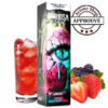 Juice box with neon eye art labeled Furiosa EGFZ Grenadine, flanked by a glass of red drink on the left and strawberries and blackberries on the right; Arome Shop Approved badge in the top right. JUNO V2 50ML FURIOSA EGGZ By VAPE 47 E.LIQUIDE 💨
