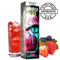 Juice box with neon eye art labeled Furiosa EGFZ Grenadine, flanked by a glass of red drink on the left and strawberries and blackberries on the right; Arome Shop Approved badge in the top right. JUNO V2 50ML FURIOSA EGGZ By VAPE 47 E.LIQUIDE 💨