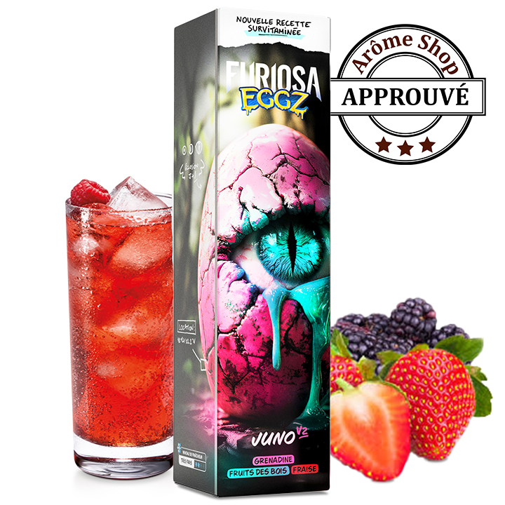 Juice box with neon eye art labeled Furiosa EGFZ Grenadine, flanked by a glass of red drink on the left and strawberries and blackberries on the right; Arome Shop Approved badge in the top right. JUNO V2 50ML FURIOSA EGGZ By VAPE 47 E.LIQUIDE 💨