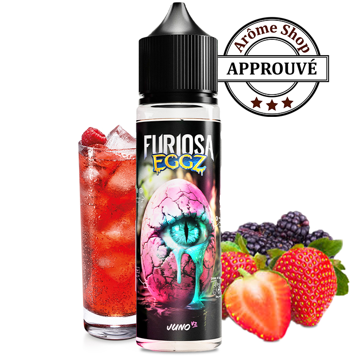 Vape juice bottle labeled 'FURIOSA EGGZ' with a cracked-pink/blue design, beside a glass of red drink and fresh berries. An 'APPROUVÉ' badge floats in the top right. JUNO V2 50ML FURIOSA EGGZ By VAPE 47 E.LIQUIDE 💨