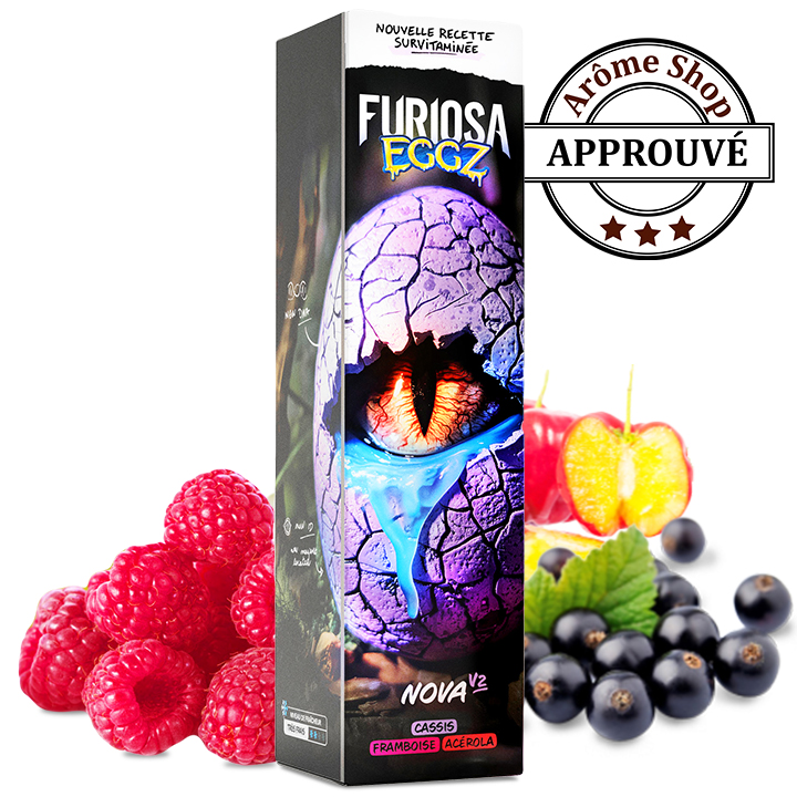 Box of Furiosa EggZ Nova V2 e-liquid with a cracked purple eye artwork, surrounded by raspberries and blueberries and an Arôme Shop Apprové seal. NOVA V2 50ML FURIOSA EGGZ By VAPE 47 E.LIQUIDE 💨