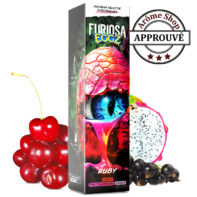 Boxed Furiosa Eggz Ruby vape juice with a colorful dragon-eye design, surrounded by cherries and dragon fruit, plus an approved badge. RUBY V2 50ML FURIOSA EGGZ By VAPE 47 E.LIQUIDE 💨
