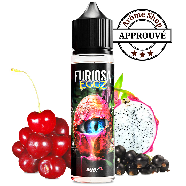 Vape juice bottle labeled 'FURIOSA EGZ' surrounded by cherries, dragon fruit and black currants, with an 'APPROUVÉ' seal in the top-right. RUBY V2 50ML FURIOSA EGGZ By VAPE 47 E.LIQUIDE 💨