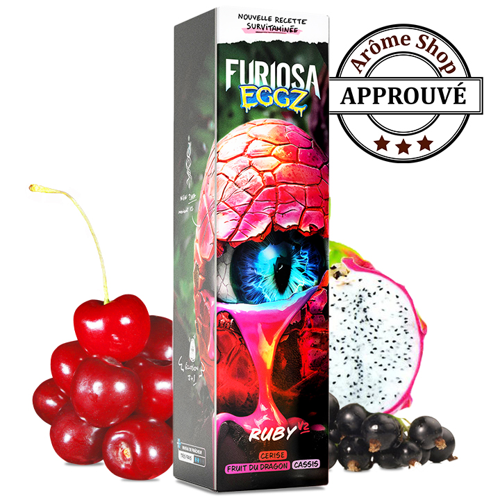 Boxed Furiosa Eggz Ruby vape juice with a colorful dragon-eye design, surrounded by cherries and dragon fruit, plus an approved badge. RUBY V2 50ML FURIOSA EGGZ By VAPE 47 E.LIQUIDE 💨