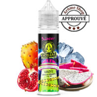 Vape juice bottle labeled 'Greys Dragon Grenade Cactus' with dragon fruit, prickly pear, and ice in the background and an 'Approved' stamp GREYS 50 ML DRAGON SPACERZ by LIQUIDEO 💨