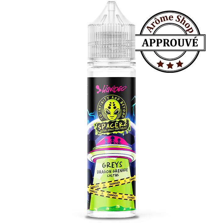 E-liquid bottle with a bright, space-themed label reading 'Greys Dragon Grenade Cactus' and an 'Approved' stamp beside it. GREYS 50 ML DRAGON SPACERZ by LIQUIDEO 💨