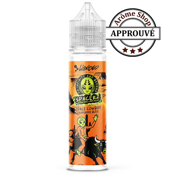 Vape juice bottle with orange label reading Space Cowboy and an approval stamp in the upper-right corner. SPACE COWBOY FRAMBOISE BLEUE SPACERZ by LIQUIDEO