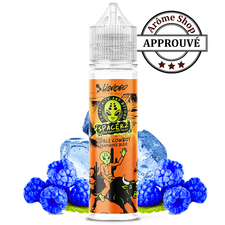 Orange e-liquid bottle labeled 'Space Cowboy' with alien rider and bull, set among blue blueberries and ice in the background, and an 'Approved' stamp nearby. SPACE COWBOY FRAMBOISE BLEUE SPACERZ by LIQUIDEO