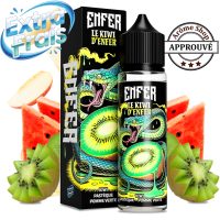 Kiwi-flavored vape juice bottle and box with bold graphics and 'Enfer Le Kiwi d'Enfer' label surrounded by kiwi and watermelon imagery. LE KIWI D'ENFER 50 ML ENFER By VAPE 47 E.LIQUIDE 💨